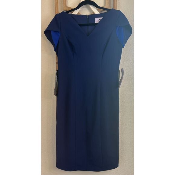 JS Collections Tulip Sleeve V-Neck Cocktail Work Dress Blue Navy Sapphire 8 NWT - Picture 5 of 13